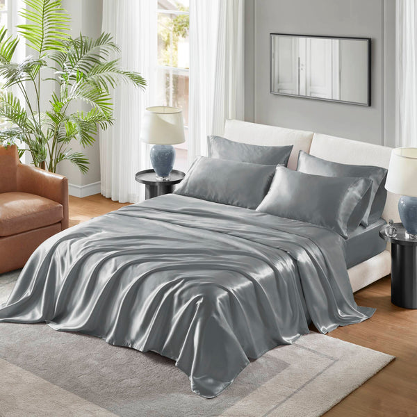 English Elm 4 Luxury Satin Twin Sheet Set - 100% Polyester, Soft Smooth 90g Finish, Deep Pocket Fit & Breathable Comfort Grey 11.81 L x 9.84 W x 3.15 H B035P319693