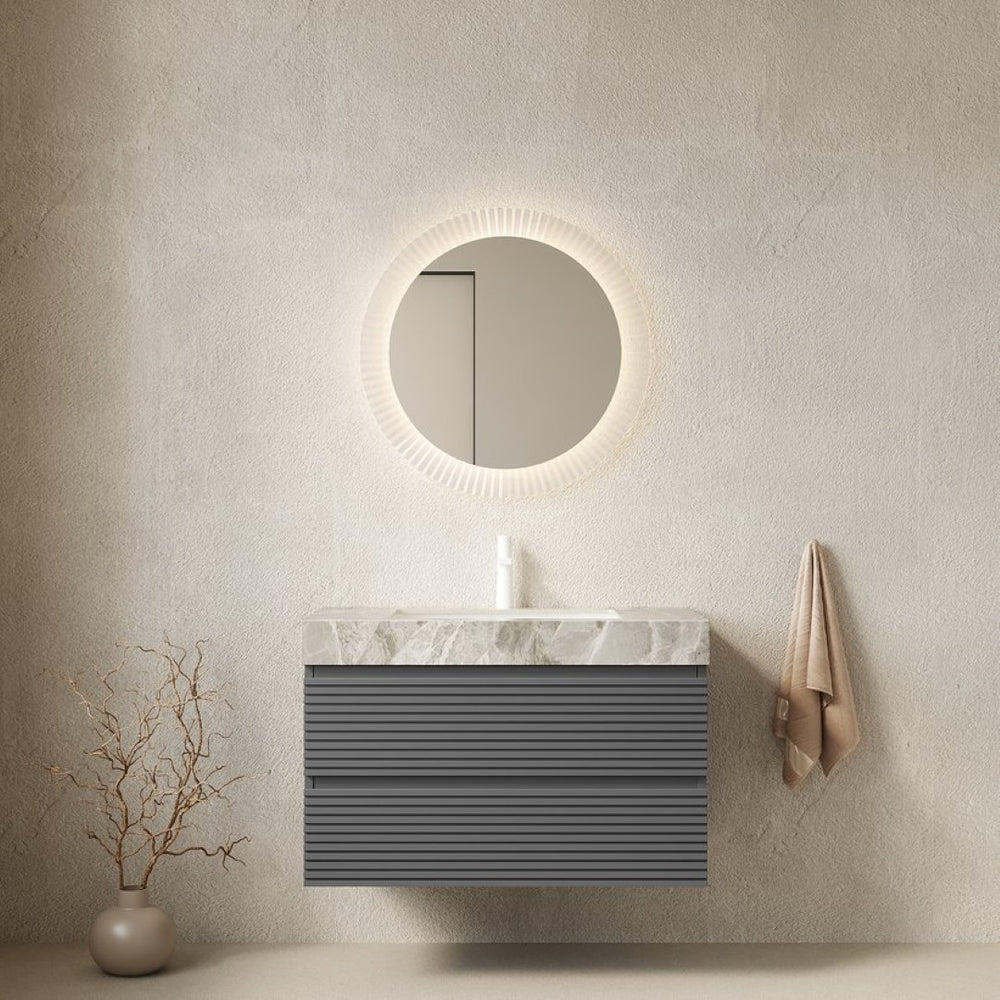 English Elm Dina Floating Bathroom Vanity Sintered Stone Top Glass Basin Striped Plywood Cabinet W2615S00538
