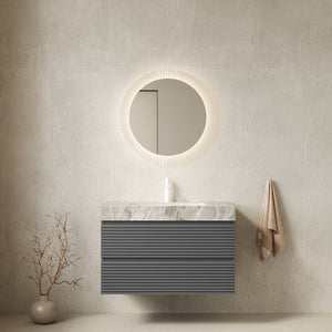 English Elm Dina Floating Bathroom Vanity Sintered Stone Top Glass Basin Striped Plywood Cabinet W2615S00538