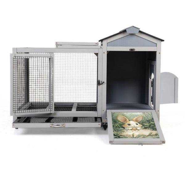 English Elm Wooden Pine Rabbit Hutch Dual Compartment Pet House with Casters Weatherproof Roof W2181P356189