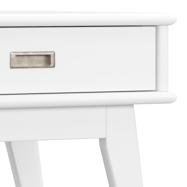 English Elm Draper Mid Century End Table White Solid Rubberwood 22"H | Drawer with Antique Brass Pull, Tapered Legs B136P203447