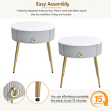 English Elm Φ19.6'' Easy Assembly End Tables With High Gloss Faux Marble Tabletops, Set Of 2, Modern Fluted 2 Side Tables With Drawers, Round Coffee Tables With Golden Legs For Living Room, Grey