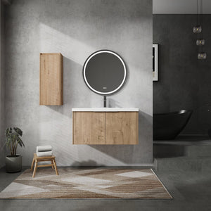 English Elm 36" Wall-Mounted Bathroom Vanity With Soft-Close Sink & Side Cabinet For Stylish Storage Solutions W999S00218