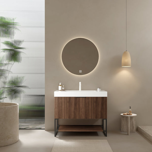 English Elm YOLAN 36" Bathroom Vanity with Integrated Solid Surface Basin, Pre-Assembled Plywood Cabinet, Soft-Close Drawer and Open Towel Shelf Walnut,White W2615S00069