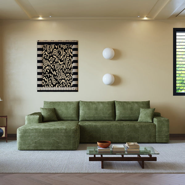 English Elm 107" Luxurious L-Shape Cloud Sectional Sofa, Plush Corduroy Couch, No Assembly, Green For Modern Living W2824S00121