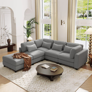 English Elm 5 Pieces L Shaped Sofa With Removable Ottomans and Comfortable Waist Pillows