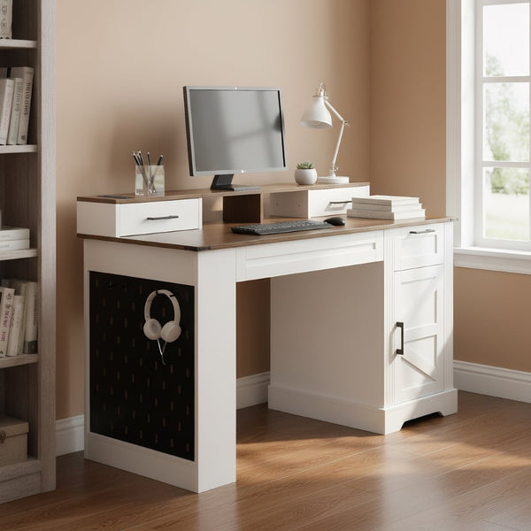 English Elm 55" Farmhouse Writing Desk with Cabinet Charging Station Pegboard and Monitor Stand White W2917S00008