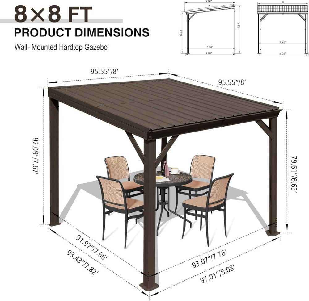 English Elm 8' 8 Ft Lean to Hardtop Pergola Wall Mounted Galvanized Steel Roof Outdoor Shelter W1859S00189