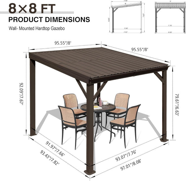 English Elm 8' 8 Ft Lean to Hardtop Pergola Wall Mounted Galvanized Steel Roof Outdoor Shelter W1859S00189