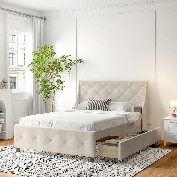 English Elm Queen Size Bed Frame Carbon Gray with Storage Headboard & 4 Drawers, Quiet Metal Platform, No Box Spring Needed W2896S00002