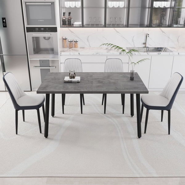 English Elm 55.12-70.87" Expandable Dining Table Set Seats 6 with Pu Upholstered Chairs Black Metal Legs Grey,White W2189S00915