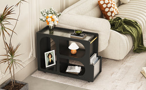 English Elm ON-TREND Mobile End Table with Locking Wheels, Fluted Tempered Glass Top, Gold Rod Accent, Sleek Storage Design Black N721P179241B