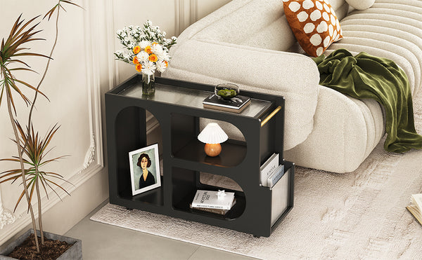 English Elm ON-TREND Mobile End Table with Locking Wheels, Fluted Tempered Glass Top, Gold Rod Accent, Sleek Storage Design Black N721P179241B