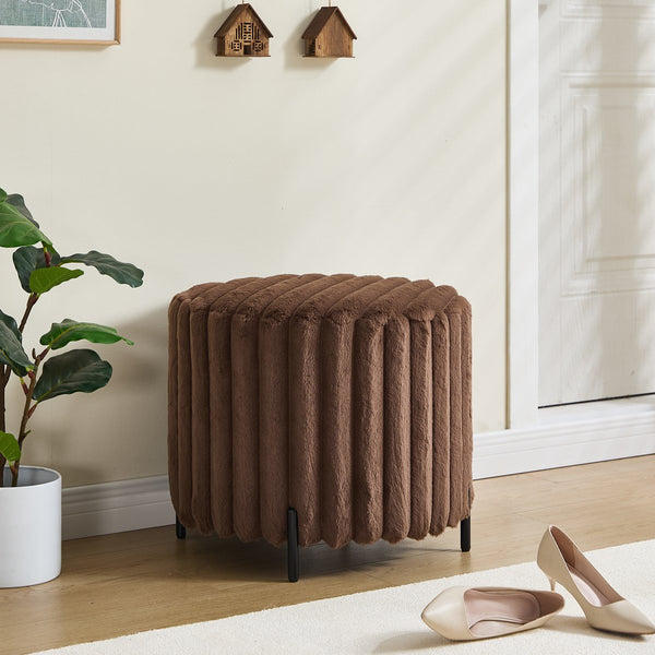 English Elm 22.05"Wide Faux Fur Round Pouf Ottoman with Black Metal Legs — Cozy Foam Seat for Living Room Entryway Brown W3098P272527