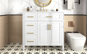 English Elm 36 Inch Freestanding Bathroom Vanity Sage Pine Cabinet Gold Hardware Ceramic Sink White N725P366466K