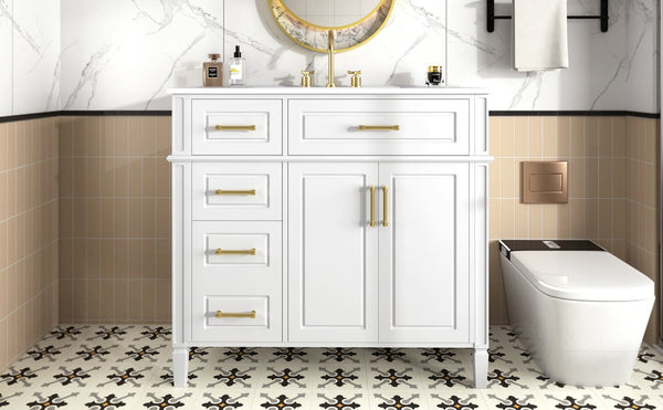 English Elm 36 Inch Freestanding Bathroom Vanity Sage Pine Cabinet Gold Hardware Ceramic Sink White N725P366466K