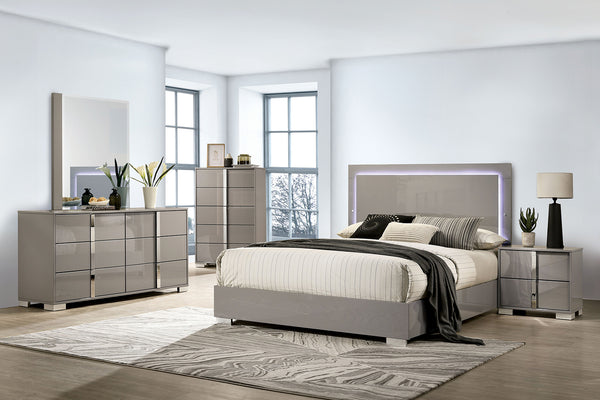 English Elm Contemporary Eastern King Bed With Led Headboard, Light Taupe Finish, Modern Bedroom Furniture Design B2741S00082