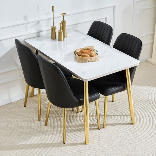 English Elm Table and Chair Set Marble Glass Top Gold Legs with Four Pu Leather Dining Seats W1151S04634