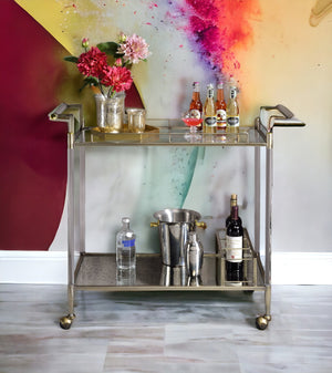 English Elm Cirro Antique Brass & Mirror Serving Cart with Tempered Glass Shelves, Wine Holder, Casters Elegance B2726P255331