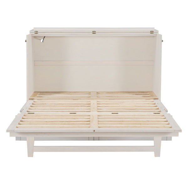English Elm Queen Murphy Wall Bed with Usb Ports Storage Drawers and Cabinet Style Panel Front White N708S00006AAK