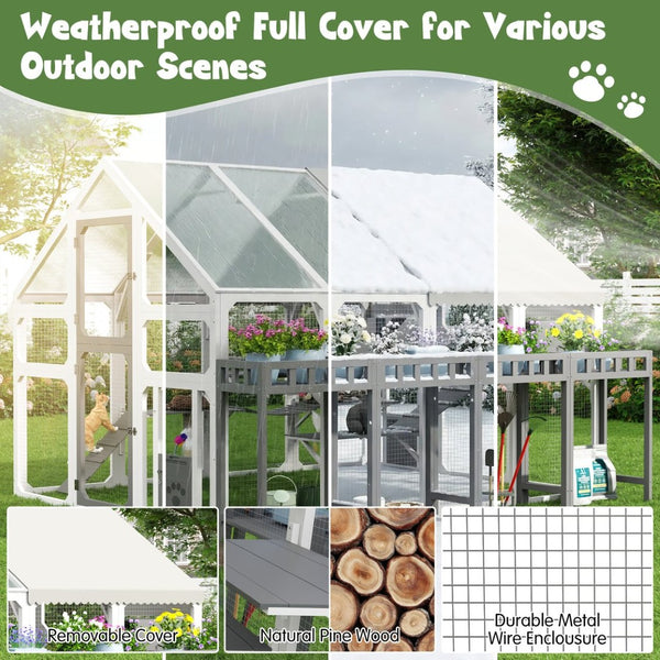 English Elm Large Walk-in Pine Wood Catio Enclosure with Platforms Resting Boxes and Planter Grey,White N704G201619K