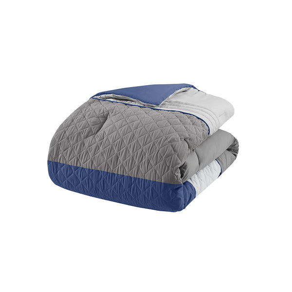 JLA Home Madison Park - 7 Piece Color Block Stripe Comforter Set — Modern Pinsonic & Printed Microfiber, Hypoallergenic Pillows, OEKO-TEX (Grey/Blue) MP10-8323