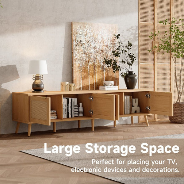 English Elm 70inch Rattan Door Media Console with Pine Legs and Cable Management for Living Room N710P365049P