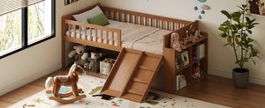 English Elm Twin Platform Kids Bed with Slide Ladder Guardrails Storage Shelf Wood Frame Walnut N733S415411M