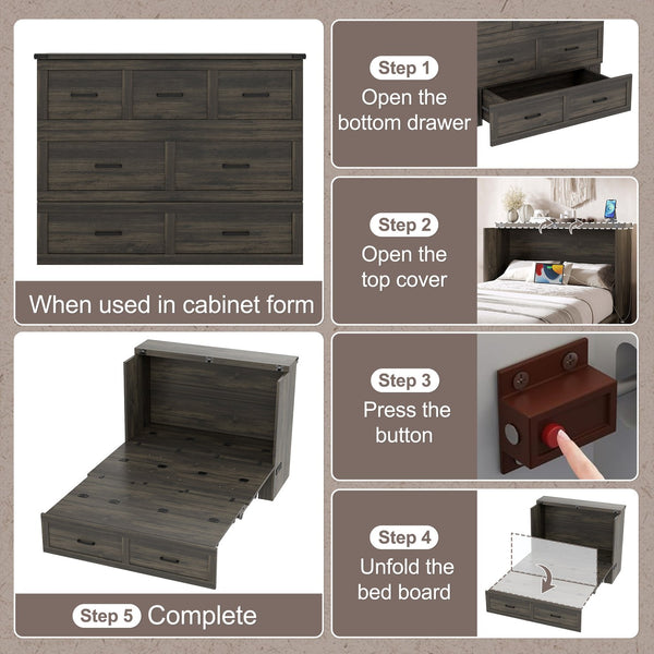 English Elm Murphy Full-Size Cabinet Bed with Built-In Charging Station, Storage Drawer & 700lb Capacity Comfort Gray 52.5 L x 26 W x 5.5 H N733S293995G