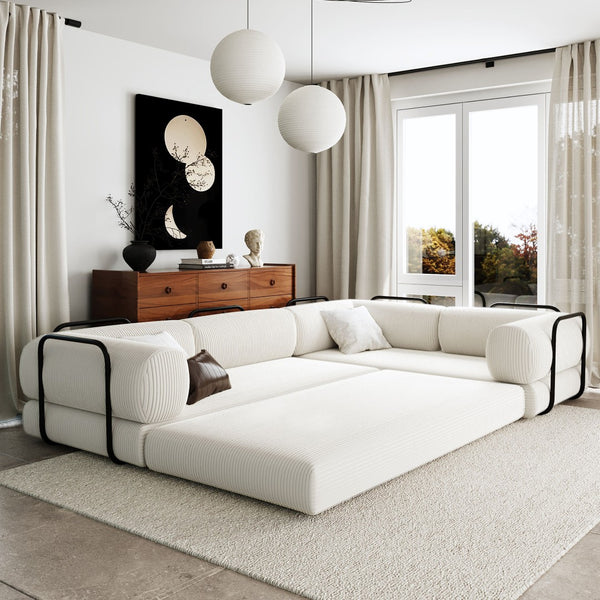 English Elm U_style Modular Corduroy Sectional Sofa Converts to Guest Bed for Apartment Living Beige WY000463AAA