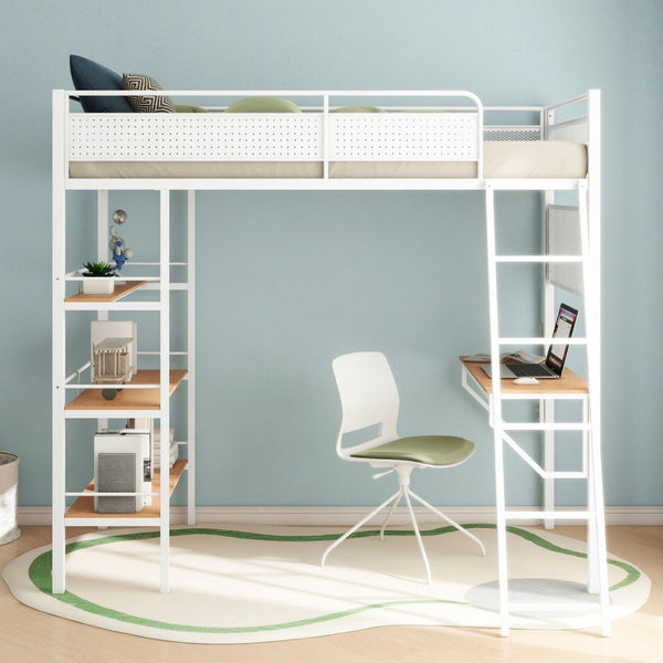 English Elm Metal Full Over Twin Bunk Bed with Integrated Desk Powder Coated Steel Frame Matte White B016P464478