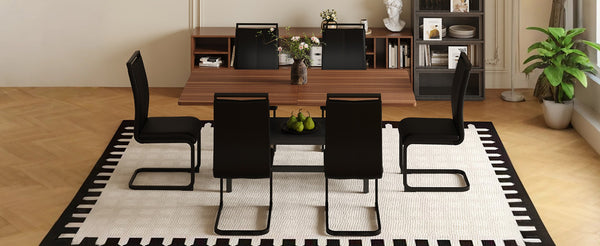 English Elm Table and Chair Set 71 Inch Walnut Grain Dining with 6 Pu Upholstered Seats Walnut+Black W1151S04278