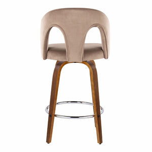 English Elm Fixed-height Swivel Counterstools Taupe Velvet Bentwood Walnut Legs Chrome Footrest Set B202S01796