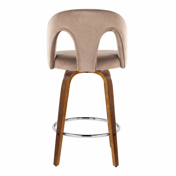 English Elm Fixed-height Swivel Counterstools Taupe Velvet Bentwood Walnut Legs Chrome Footrest Set B202S01796