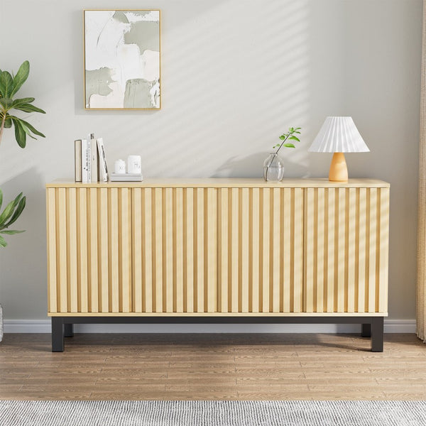 English Elm Sideboard Fluted Credenza with Soft Close Doors Walnut Finish Mid Century Storage T3773P417322