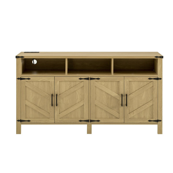 English Elm U_style 59 Inch Sideboard Buffet with Built in Power Outlets Open Cubbies Metal Accents Natural Wood N711P347407O