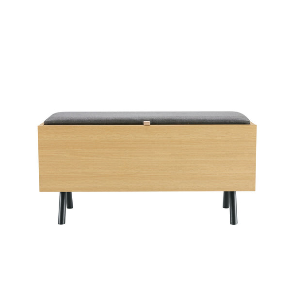 English Elm Paloma Upholstered Accent Storage Bench in Light Oak with Gas-Strut Lift, Metal Legs, Seats 2 B365P398213