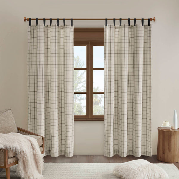 JLA Home Madison Park - Plaid Heavyweight Faux Leather Tab Top Curtain Panel with Fleece Lining for Cozy Insulated Rooms Natural MP40-6761