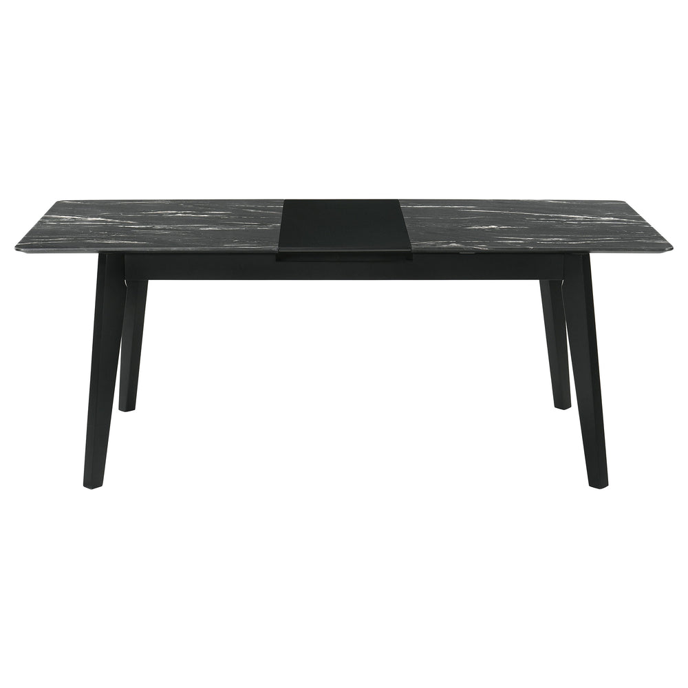 English Elm Bellingham Black Faux Marble Dining Table with Self-Storing Extension Leaf and Splayed Legs, Versatile Elegance B062P354064