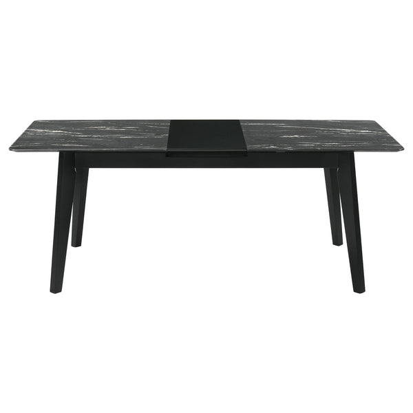 English Elm Bellingham Black Faux Marble Dining Table with Self-Storing Extension Leaf and Splayed Legs, Versatile Elegance B062P354064
