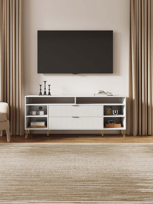 English Elm Dumbo 63" Fluted Media Console with Gold Legs, 2 Drawers, 6 Shelves & Wire Management Elegance White B365P397904