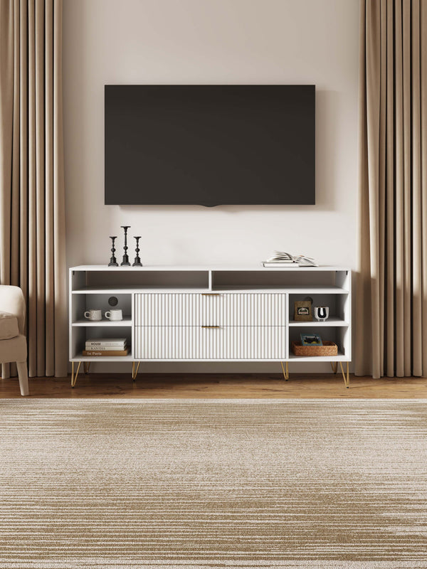 English Elm Dumbo 63" Fluted Media Console with Gold Legs, 2 Drawers, 6 Shelves & Wire Management Elegance White B365P397904