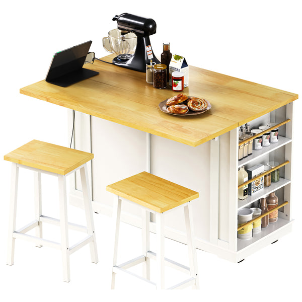 English Elm K&K 48in Kitchen Island Set with 2 Stools, Built-In Power Station, Drop Leaf & Ample Storage Space White N707S000015W