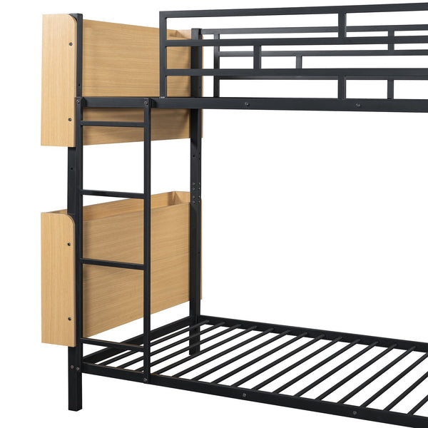 English Elm Twin Metal Bunk Bed with Built-In Headboard Storage and Footboard Shelves, Sturdy Space-Saving Design Black SF000176AAB