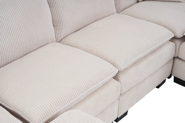 English Elm Modern U Shaped 6-Seat Sectional Sofa with Ottoman and 3 Toss Pillows, Corduroy Modular Comfort and Durable Frame White W2363S00039