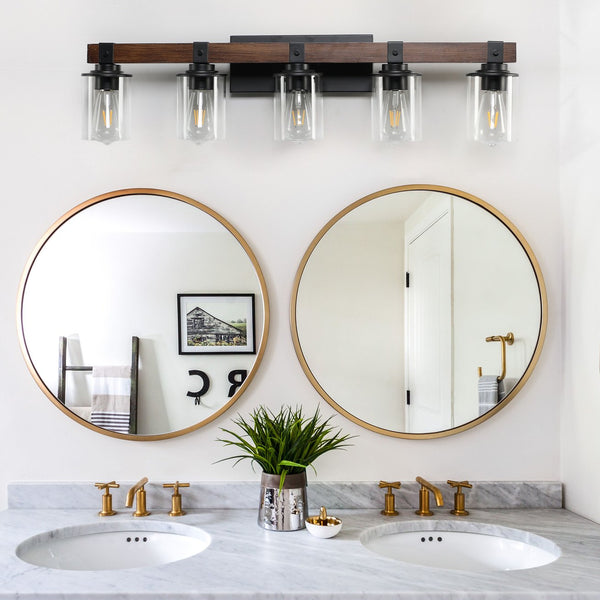 English Elm 35" Rustic 5-Light Vanity Light with Clear Glass Shades and Real Wood Accent, Industrial Farmhouse Fixture W2312P374784