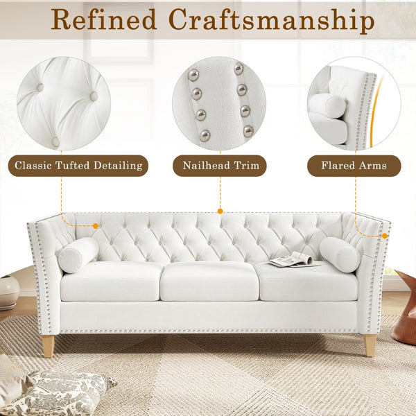 English Elm Elegant Tufted Three Seat Sofa with Nailhead Trim and Solid Wood Legs for Living Room N760P406296A