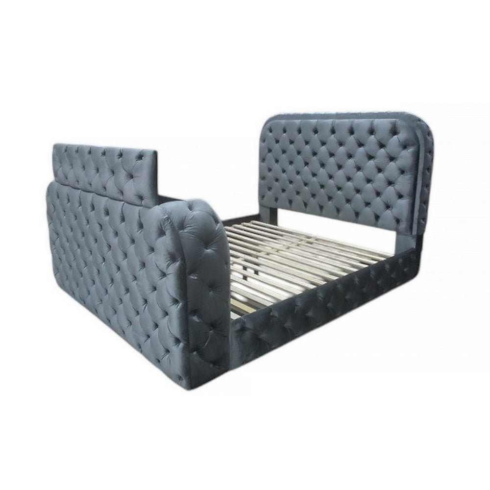 English Elm Gray Velvet Tufted Eastern King Bed with Led Headboard Fireplace and Motorized Tv Lift B2756S00008