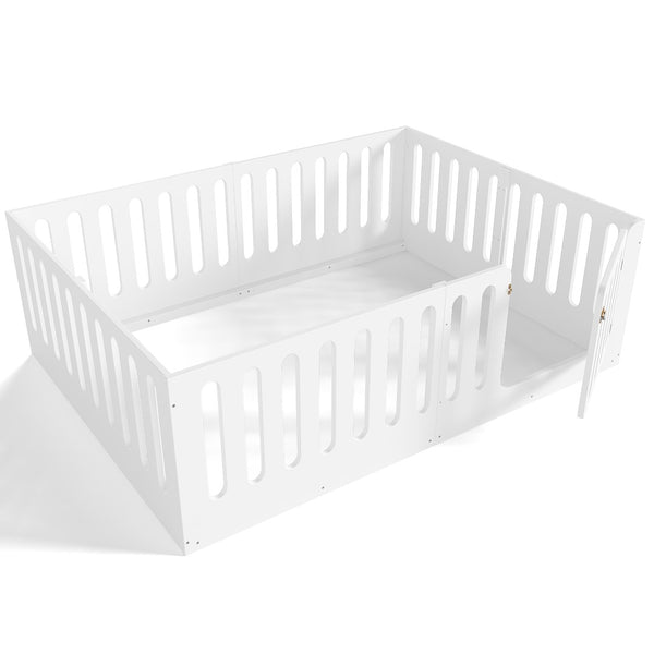 English Elm Queen Solid Pine Montessori Floor Bed for Kids with House Frame and Built-in Door Light White W5305P420638