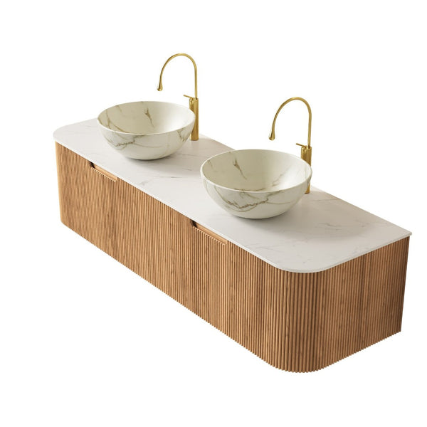 English Elm Dina 60 Inch Floating Bathroom Vanity Sintered Stone Top Dual Glass Basins Wood Grain Natural Wood,White W2615S00696